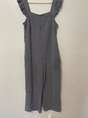 Monteau Striped Wide Leg Romper XS Ruffle Strap Jumpsuit Navy White